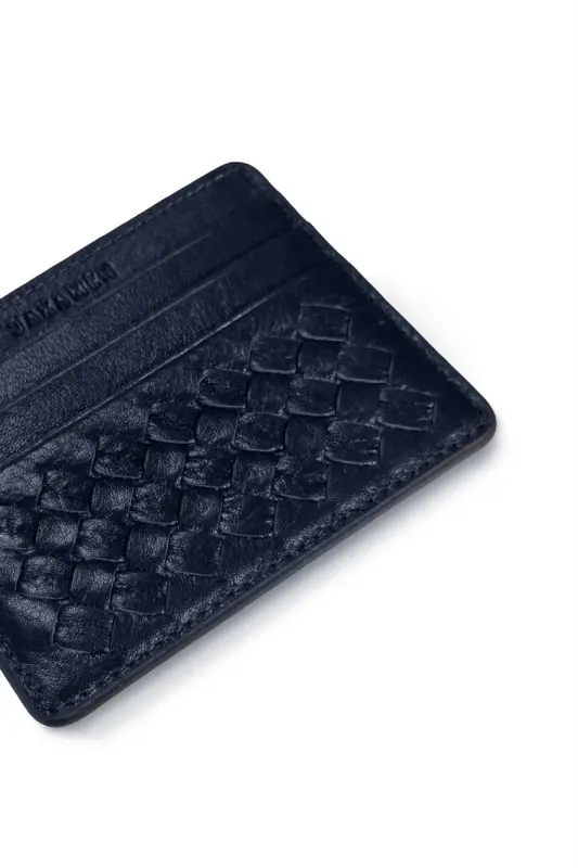 Navy Blue Patterned 100% Leather Card Holder - 2