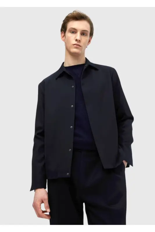 Navy Blue Plain Casual Fit %100 Wool Suit - 1