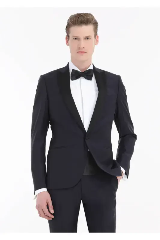 Navy Blue Plain Fashion Slim Fit Double Breasted Woven Tuxedo Suit - RAMSEY