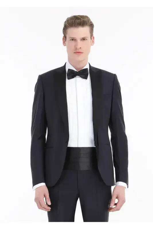 Navy Blue Plain Fashion Slim Fit Double Breasted Woven Tuxedo Suit - 2