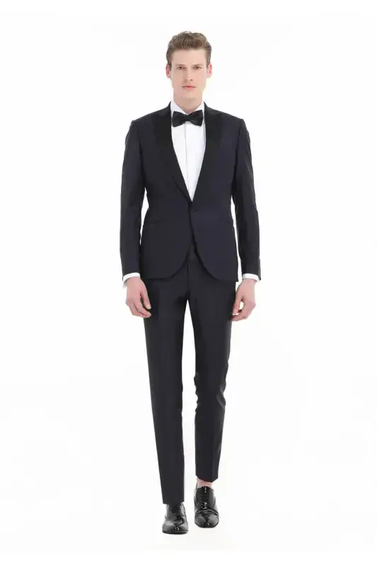 Navy Blue Plain Fashion Slim Fit Double Breasted Woven Tuxedo Suit - 3