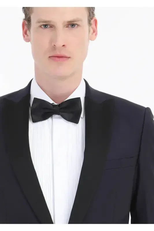 Navy Blue Plain Fashion Slim Fit Double Breasted Woven Tuxedo Suit - 4