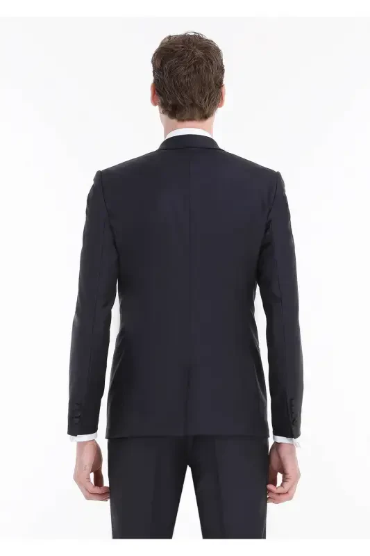 Navy Blue Plain Fashion Slim Fit Double Breasted Woven Tuxedo Suit - 5