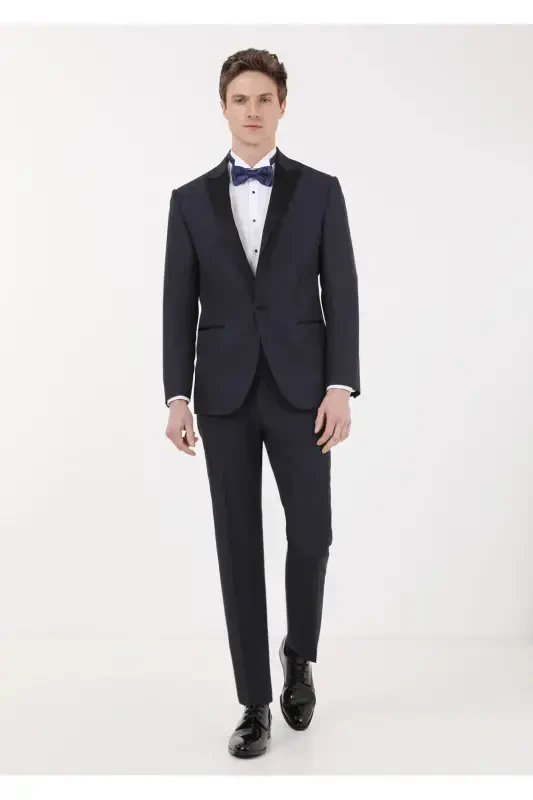 Navy Blue Plain Modern Fit Double Breasted Woven Tuxedo Suit - RAMSEY