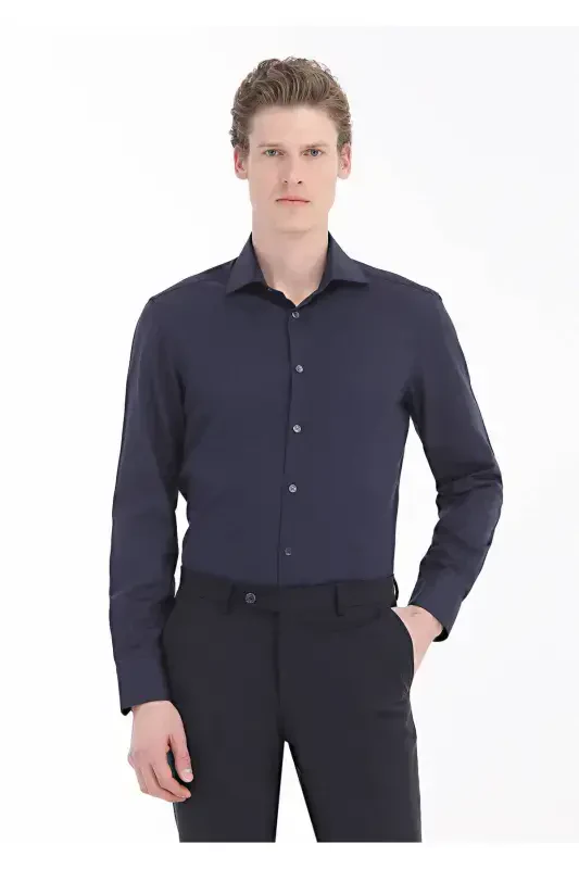 Navy Blue Plain Regular Fit Woven Classic Cotton Blend Shirt - 2