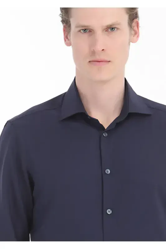 Navy Blue Plain Regular Fit Woven Classic Cotton Blend Shirt - 3