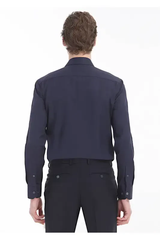 Navy Blue Plain Regular Fit Woven Classic Cotton Blend Shirt - 4