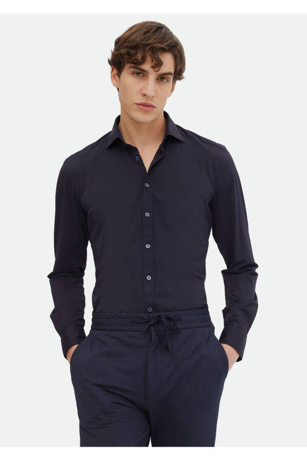 Navy Blue Plain Regular Fit Woven Classic Shirt - 1