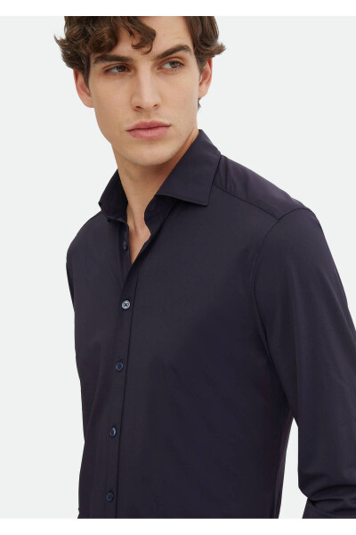 Navy Blue Plain Regular Fit Woven Classic Shirt - 3