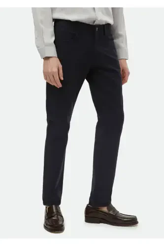 Navy Blue Plain Weave Regular Fit Casual Cotton Blend Trousers - 3