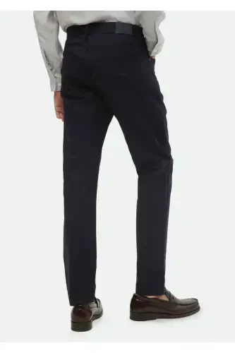Navy Blue Plain Weave Regular Fit Casual Cotton Blend Trousers - 5