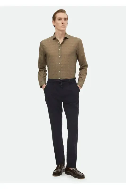 Navy Blue Plain Woven Jogging Fit Casual Trousers - 1