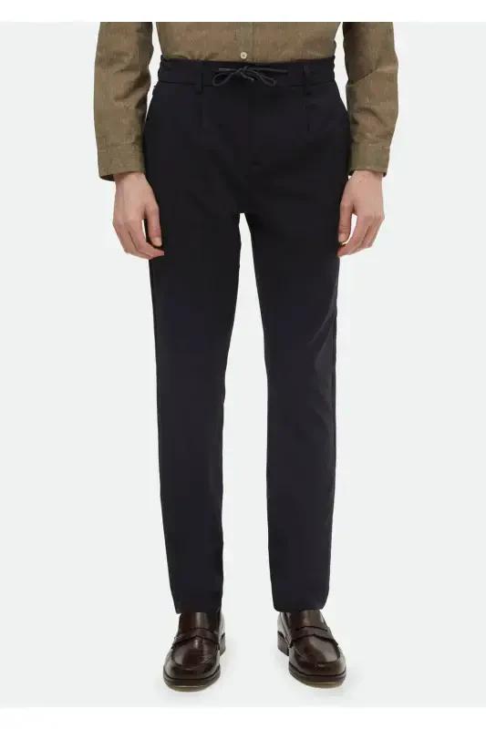 Navy Blue Plain Woven Jogging Fit Casual Trousers - 2