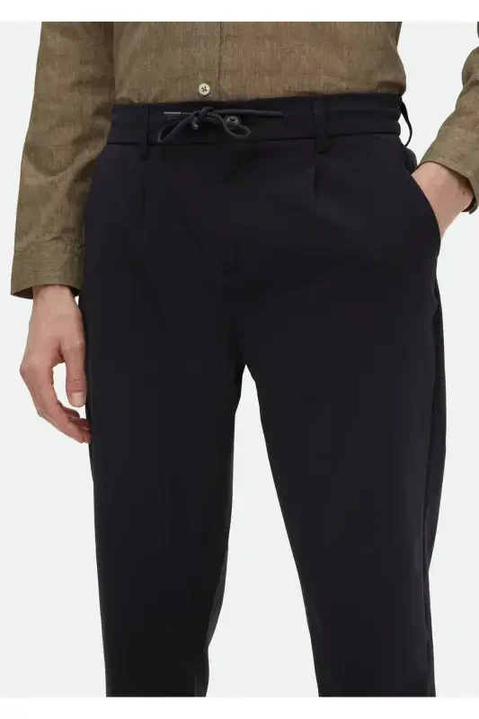 Navy Blue Plain Woven Jogging Fit Casual Trousers - 3