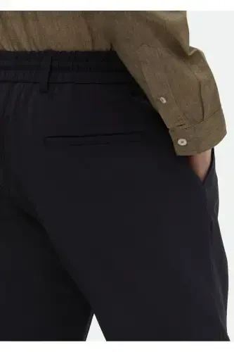 Navy Blue Plain Woven Jogging Fit Casual Trousers - 4