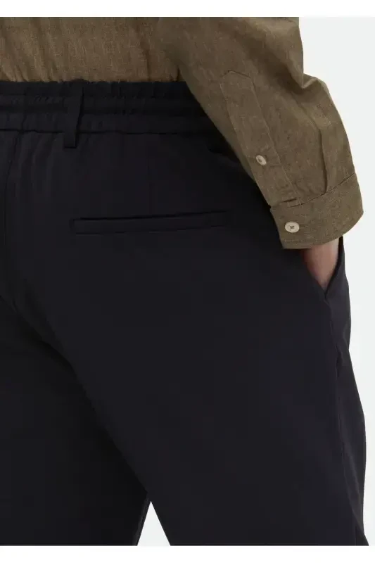 Navy Blue Plain Woven Jogging Fit Casual Trousers - 4