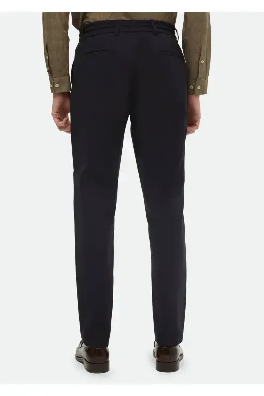 Navy Blue Plain Woven Jogging Fit Casual Trousers - 5