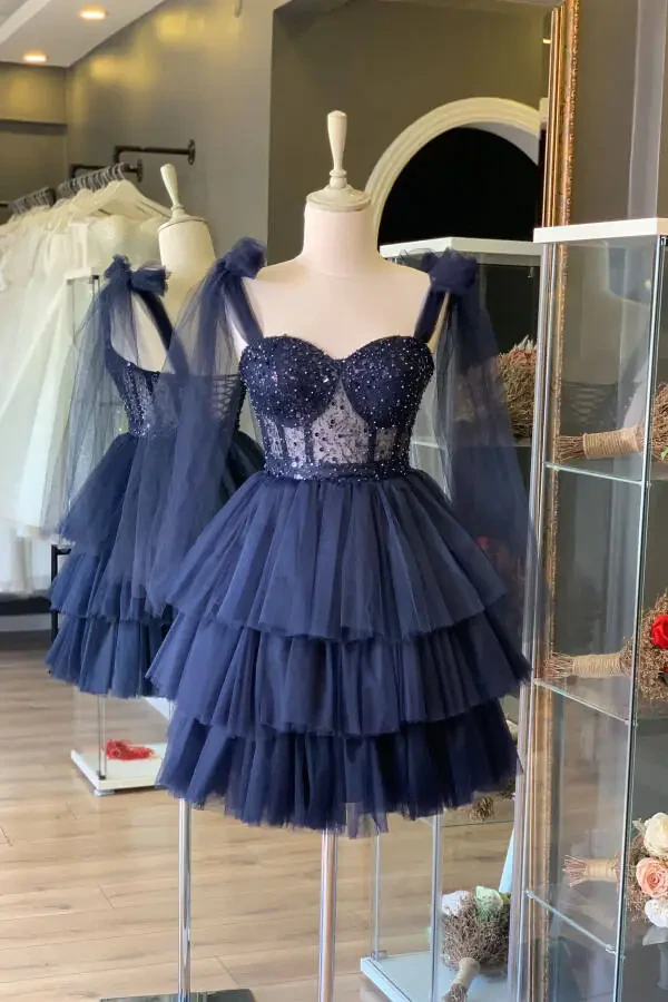 Navy Blue Plaster Lace Covered Mini Night and Party Dress - 1