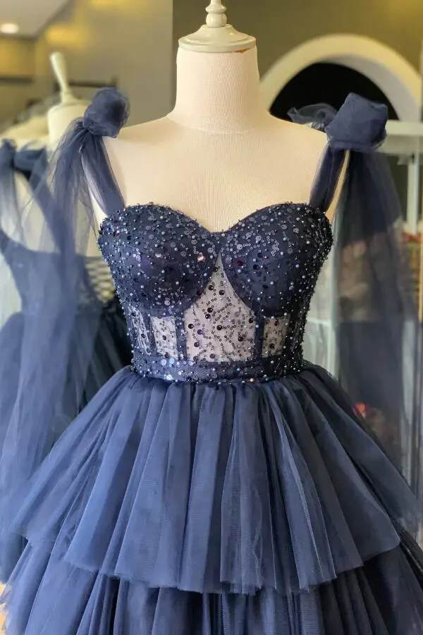 Navy Blue Plaster Lace Covered Mini Night and Party Dress - 2