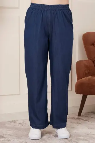 Navy Blue Plus Size Elastic Waist Wide Leg Trousers - 1