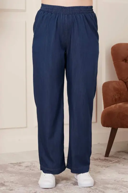 Navy Blue Plus Size Elastic Waist Wide Leg Trousers - 1