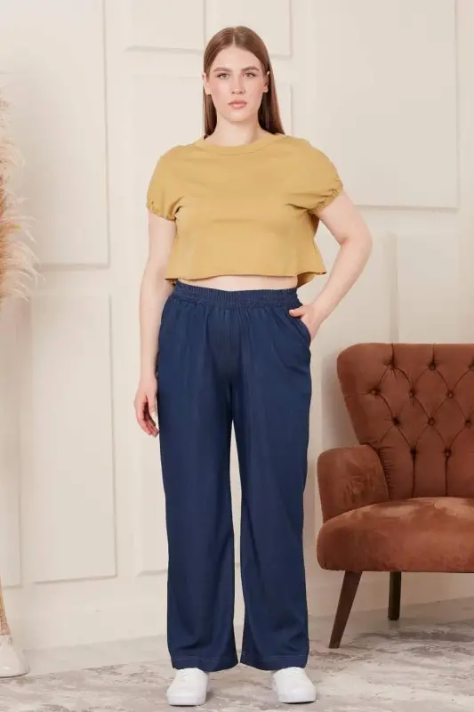 Navy Blue Plus Size Elastic Waist Wide Leg Trousers - 5