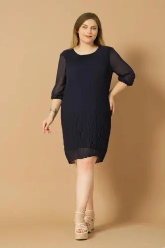 Navy Blue Plus Size Three-Quarter Sleeve Pleated Chiffon Dress - Navy Blue - 1