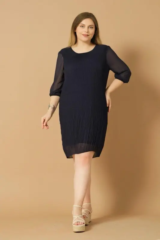 Navy Blue Plus Size Three-Quarter Sleeve Pleated Chiffon Dress - Navy Blue - 1