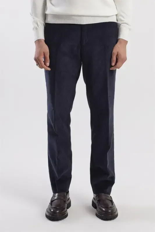 Navy Blue Regular Fit 100% Cotton Corduroy Trousers - 1