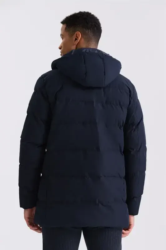 Navy Blue Regular Fit Collared Concealed Zip Padded Jacket - 1