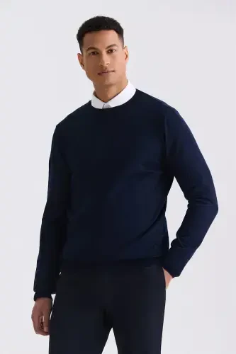 Navy Blue Regular Fit Crew Neck Knitted Sweater - JAKAMEN (1)