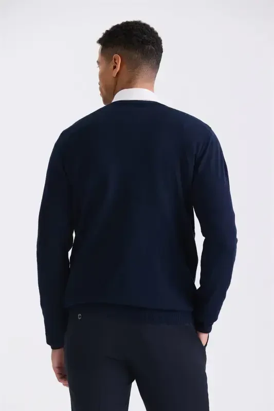 Navy Blue Regular Fit Crew Neck Knitted Sweater - 4