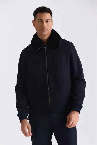 Navy Blue Regular Fit Detachable Fur Collar Elastic Wool Blend Coat - 1