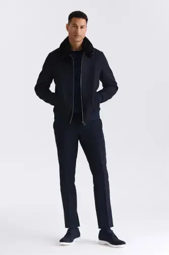 Navy Blue Regular Fit Detachable Fur Collar Elastic Wool Blend Coat - 2