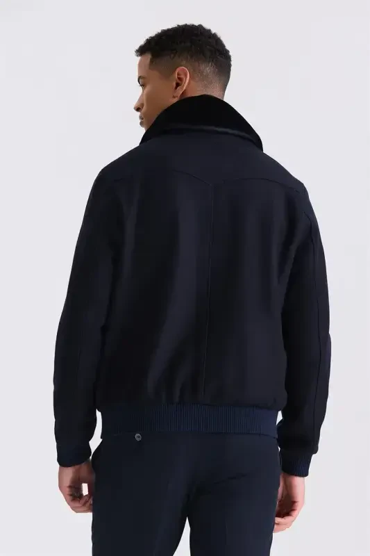 Navy Blue Regular Fit Detachable Fur Collar Elastic Wool Blend Coat - 4