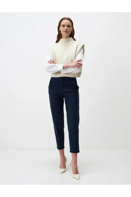 Navy Blue Regular Fit Gabardine Trousers with Pockets - Modazone