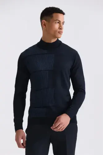 Navy Blue Regular Fit Half Turtleneck Knit Sweater - 1