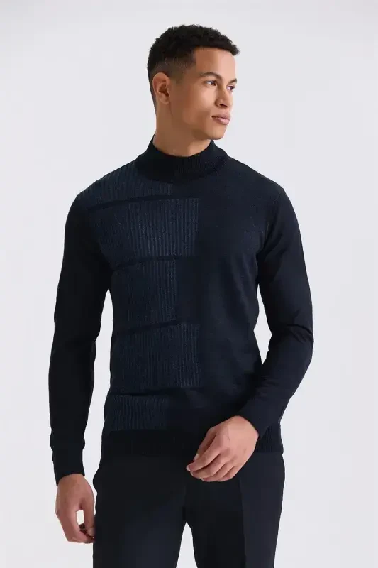 Navy Blue Regular Fit Half Turtleneck Knit Sweater - 1