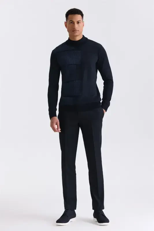 Navy Blue Regular Fit Half Turtleneck Knit Sweater - 2