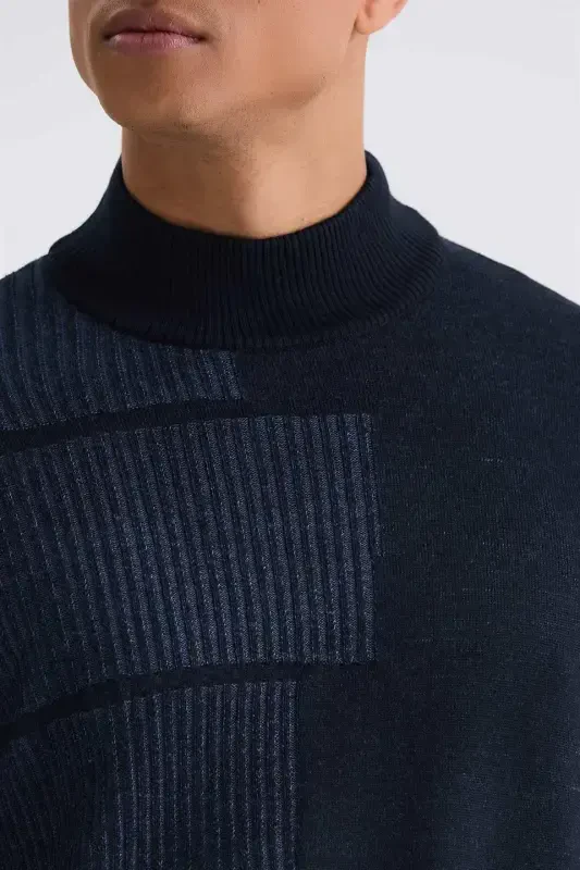 Navy Blue Regular Fit Half Turtleneck Knit Sweater - 3