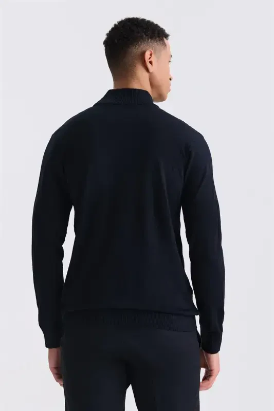 Navy Blue Regular Fit Half Turtleneck Knit Sweater - 4