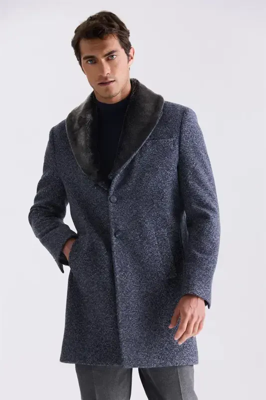 Navy Blue Regular Fit Hooded Patterned Wool Coat with Detachable Fur Collar - 1