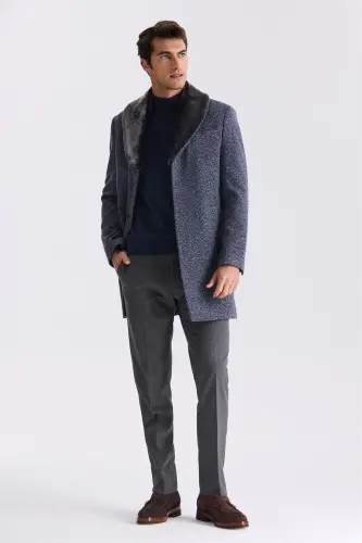 Navy Blue Regular Fit Hooded Patterned Wool Coat with Detachable Fur Collar - JAKAMEN (1)