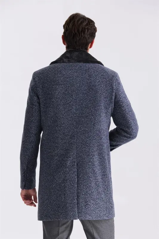 Navy Blue Regular Fit Hooded Patterned Wool Coat with Detachable Fur Collar - 4