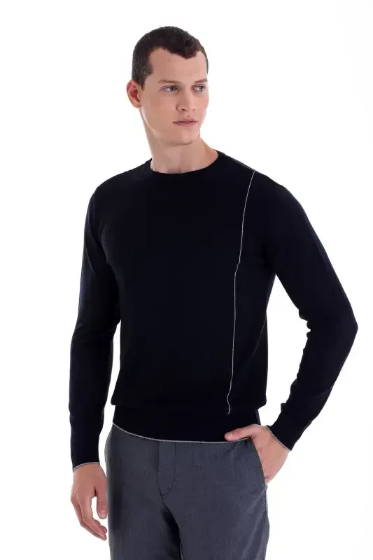 Navy Blue Regular Fit Jacquard Crew Neck Wool T-Shirt - HATEMOĞLU