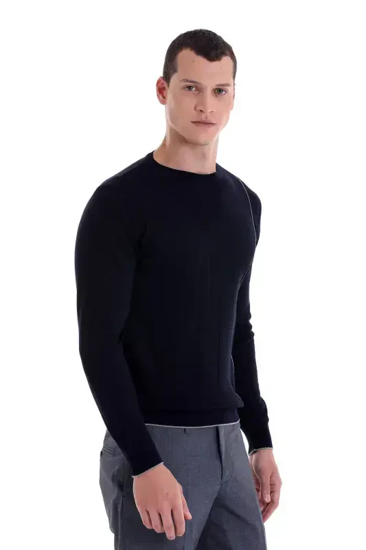 Navy Blue Regular Fit Jacquard Crew Neck Wool T-Shirt - 2