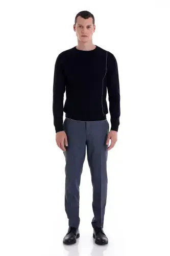 Navy Blue Regular Fit Jacquard Crew Neck Wool T-Shirt - 3