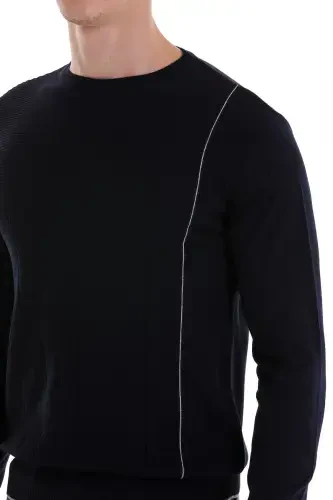 Navy Blue Regular Fit Jacquard Crew Neck Wool T-Shirt - 5