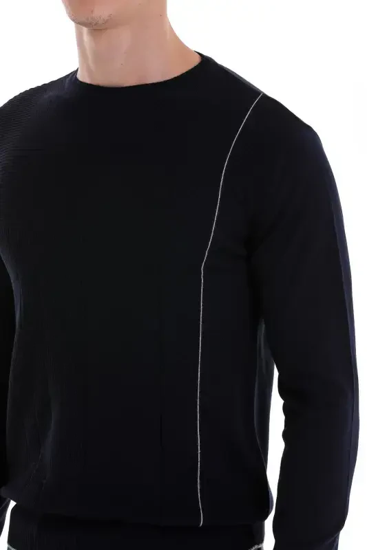 Navy Blue Regular Fit Jacquard Crew Neck Wool T-Shirt - 5