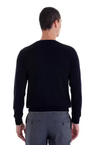 Navy Blue Regular Fit Jacquard Crew Neck Wool T-Shirt - 6